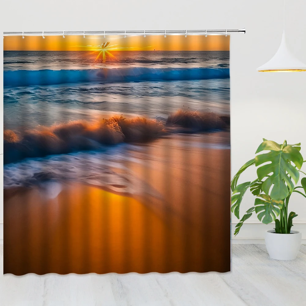 

Sunlight Ocean Beach Fabric Shower Curtain Bathroom Curtains Sunset Dusk Ocean Scenery Waterproof Bath Screen with Hooks Decor