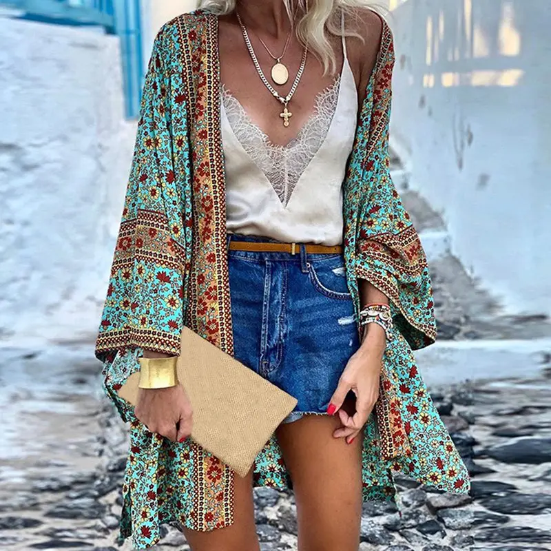 long sleeve beach dress Vintage Women Kimono Cardigan Jacket Autumn New Elegant Long Crochet Chiffon Loose Printed Shirt Tops 2022 Fashion Female Coat womens bathing suit cover up