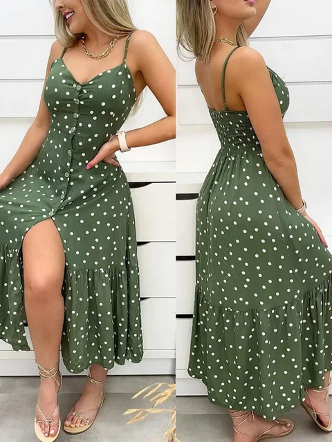 Shein Romwe 2022 Summer Dresses For Women Polka Dot Print Button Front Cami  Dress Vestidos Casual Boho Maxi Dress Free Shipping - Dresses - AliExpress
