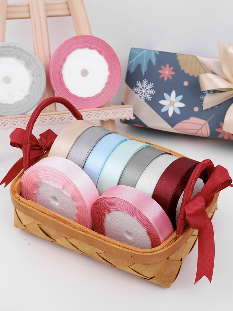 25Yards/Roll 6-10-15-20-25mm Satin ribbons for DIY Crafts Handmade Party Wedding Gift Wrap Black White Beige Pink Red Blue Tape