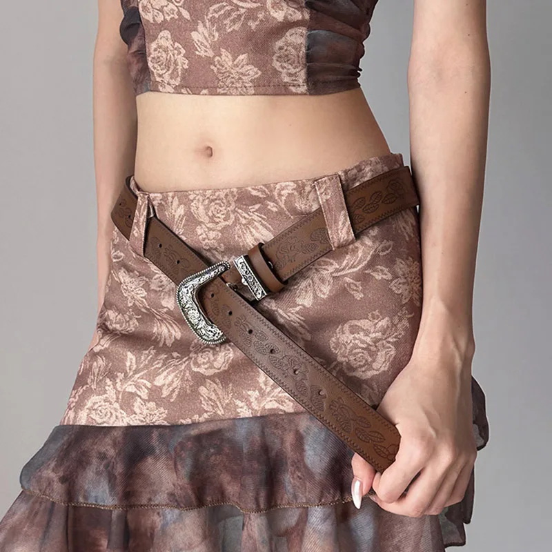 Leather Belt Womens Dress Belt Y2K subculture retro engraved waist belt women's rose pattern brown pants belt