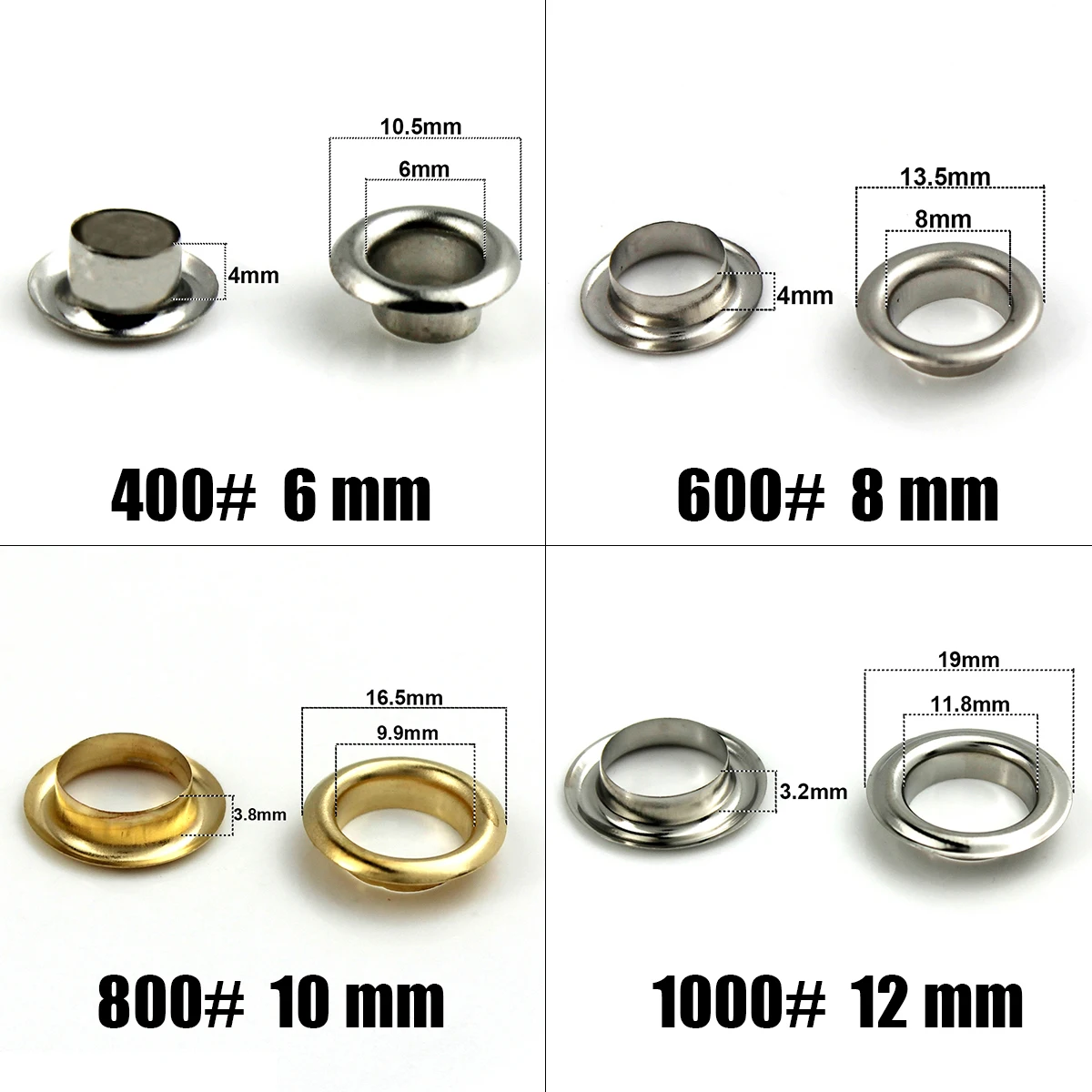 Brass Eyelets 100sets 6/8/10/12mm with Washers Grommet Repairing Round Eye Rings for Shoes Bag Clothing Skin Belt Hat