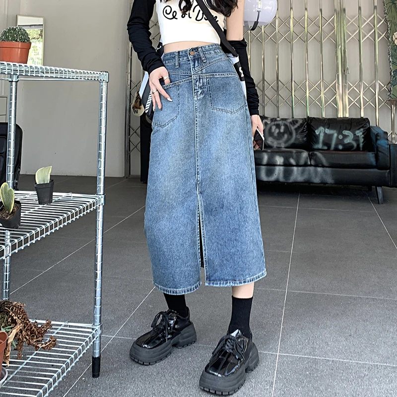 

8 Size Vintage Blue Denim Skirts Spring Fall Women Front Split Bodycon High Waist Pocket Pencil Sweet Cute MIDI Jeans Skirt 2023