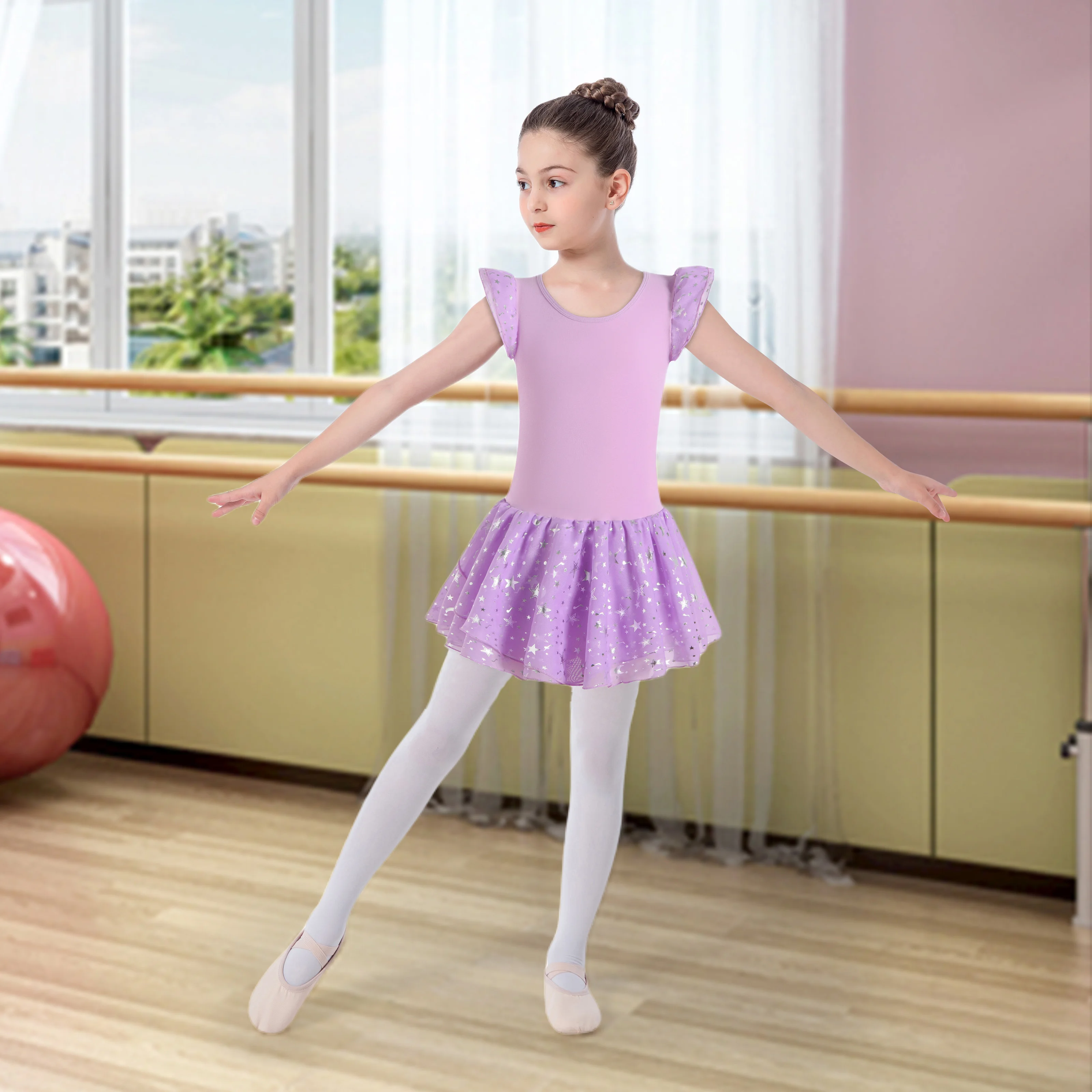Ballett-Trikots für Mädchen, Tanz-Trikot mit Rock, Kinder-Ballett-Tutu-Kleid, Mädchen, glänzende Rüschenärmel, Tanzbekleidung – Detail 3