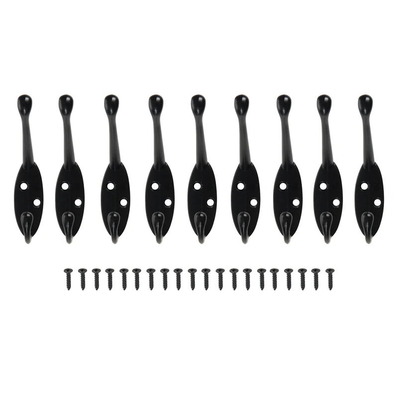 

9 Pack Heavy Duty Coat Hooks Wall Mounted For Hat Hardware Dual Prong Retro Coat Hanger With 20 Screws Black Color