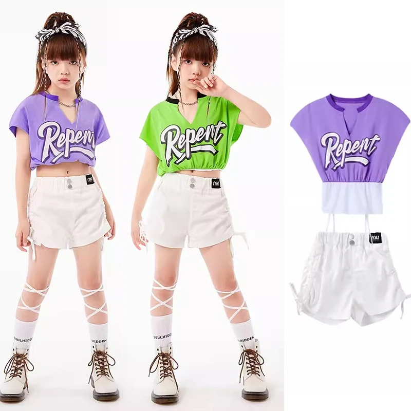 

Костюм для джазовых танцев для девочек в стиле K-POP, зеленые, фиолетовые топы, белые шорты, Одежда для танцев в стиле хип-хоп, одежда для чирлидинга, праздничная одежда DL10973