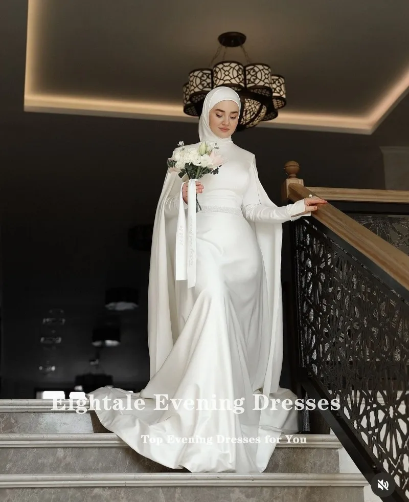 Eightale Muslim Wedding Dress High Neck Satin Customized Beaded Sashes Arabic Bridal Gown Long Sleeves Vestido De Noiva 2