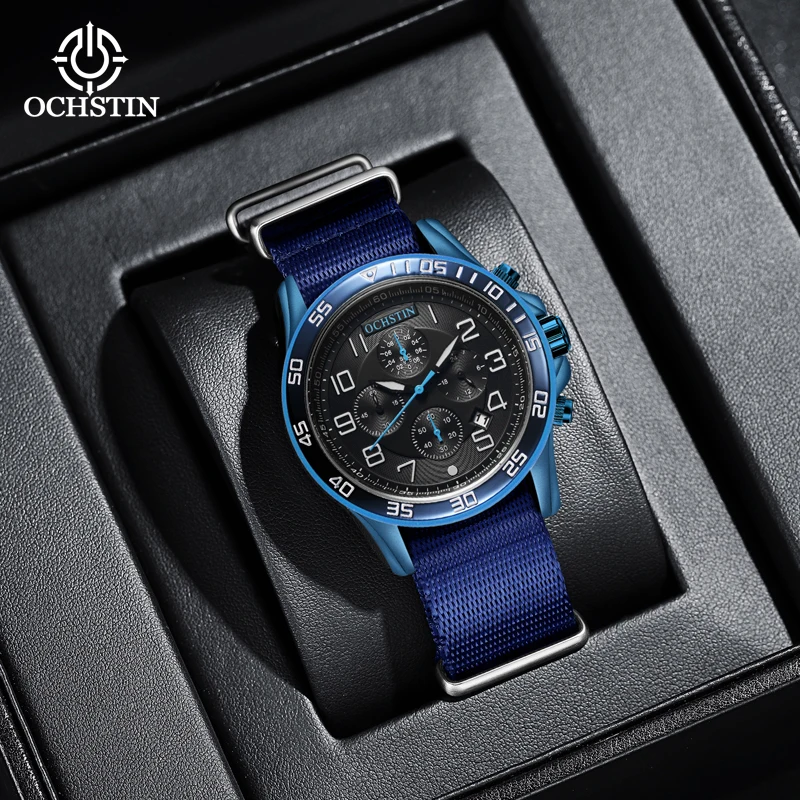 Blue Delicate OCHSTIN Luxury Casual Quartz Watch Men Four Hand Dial Strap Watch Men Fashion Quality Mens Watch Relogio Masculino