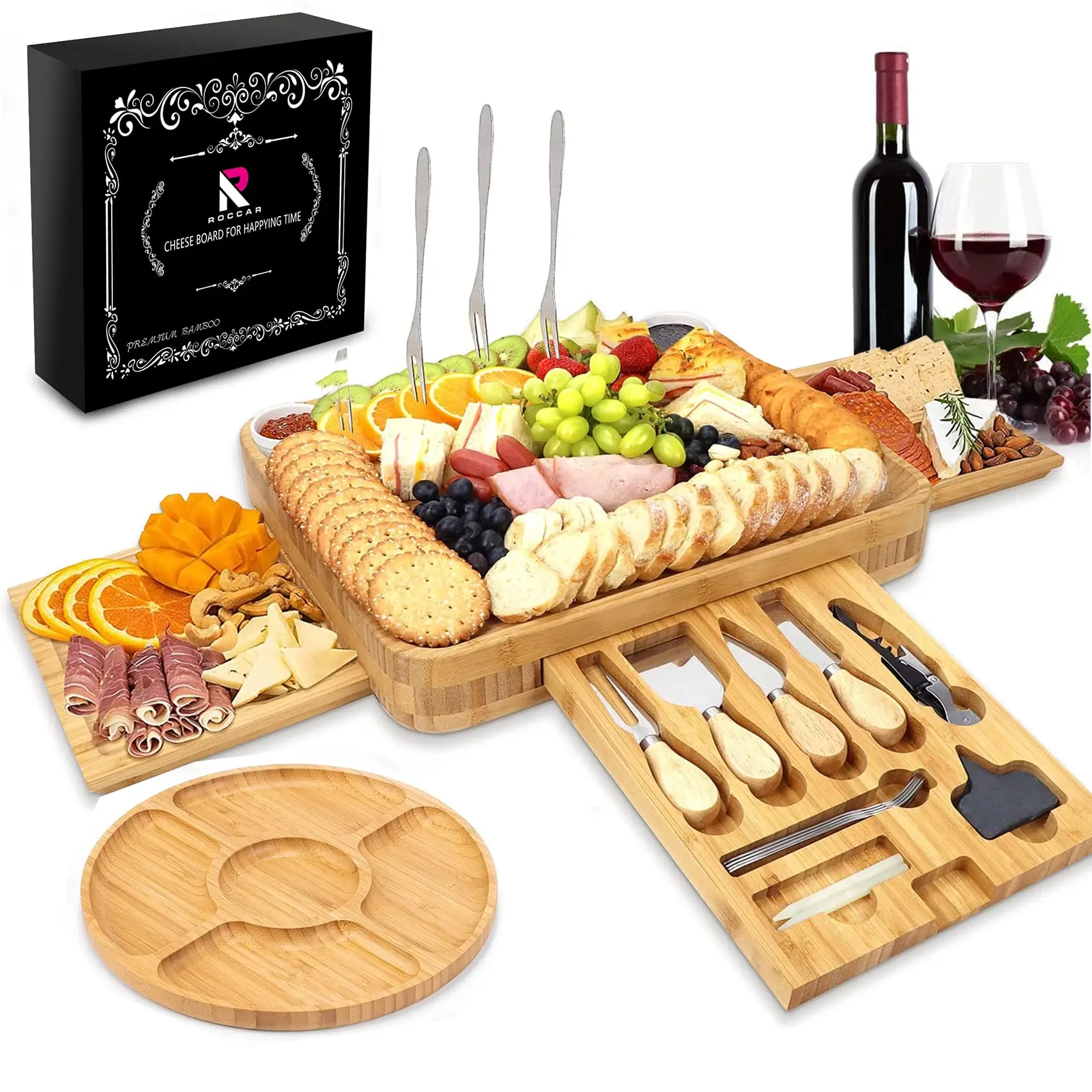 Bamboo Cheese Board And Knife Set Large Charcuterie Board Unique Housewarming For Wedding For Party Food Tray Cheese Platter