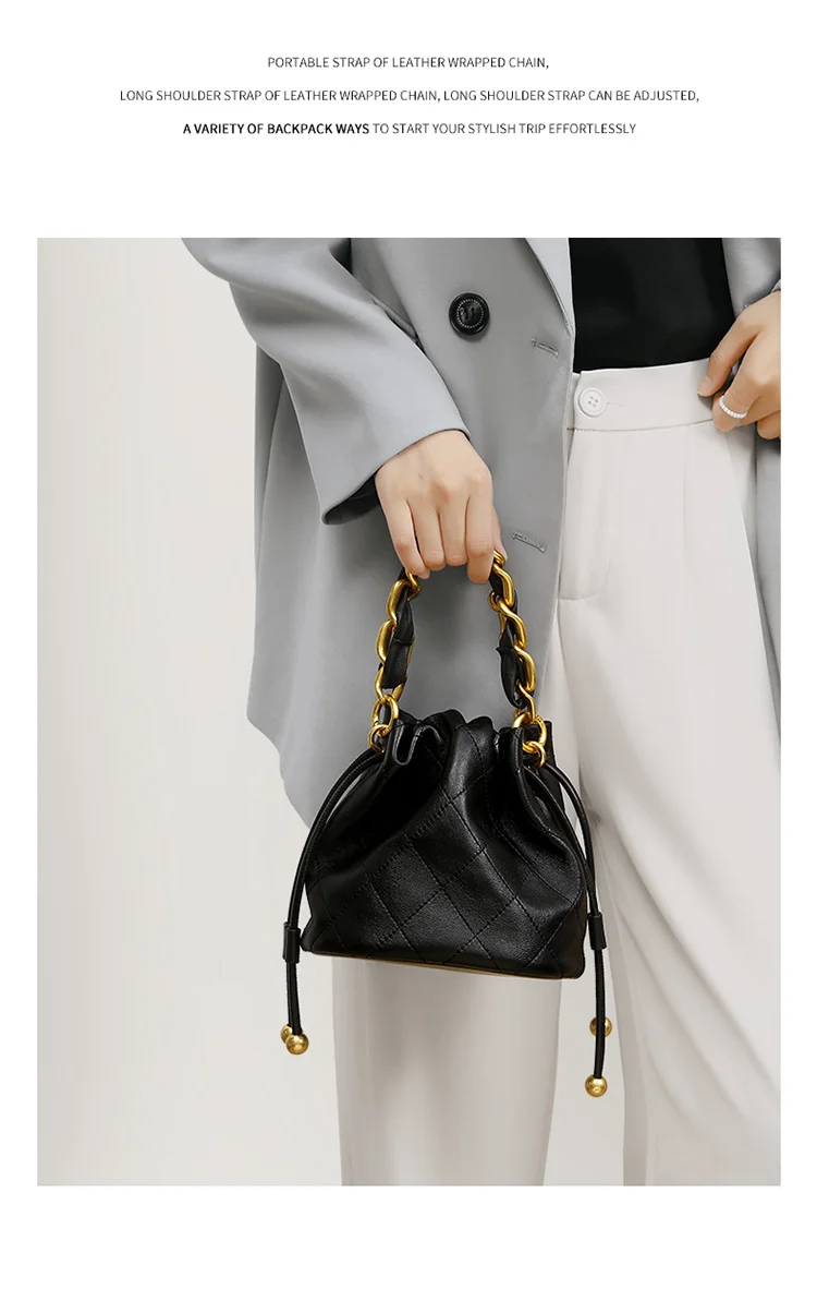 Sde2389c3b51f4582b3cadad9c9407a4b0 Genuine Leather Quilted Drawstring Bucket Bag for Women with Chain Strap Crossbody Handbag for Daily Use and Commuting Mallzona