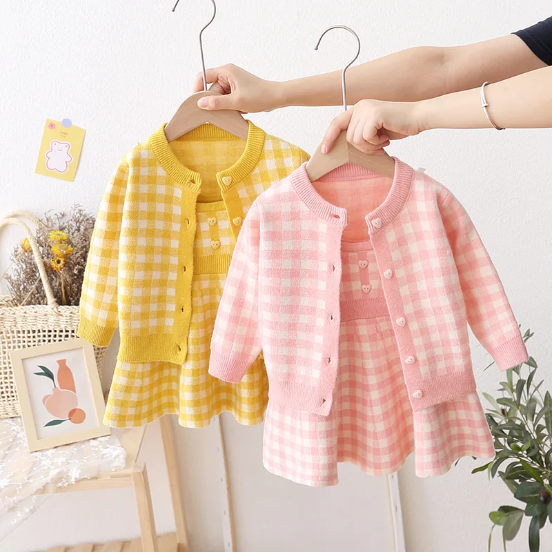 

Children's Spring Clothing Suit Baby Girl Winter Clothes Set Kids Sweater Set Two-piece Plaid Knitted Thick Warm Sweater Skirt