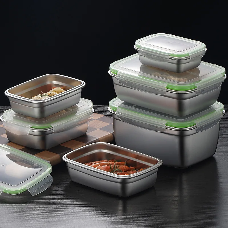 High quality 304 stainless steel food storage container set, stackable lunch box, transparent lid, home kitchen, school office