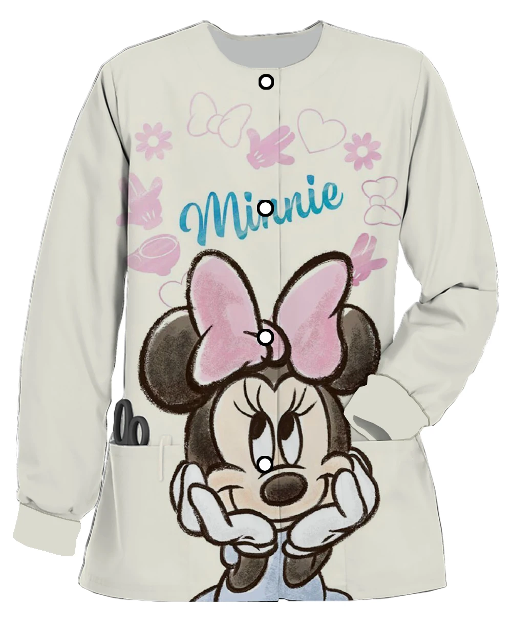 

Disney Mickey Minnie Printed Round Neck Long Sleeve Pocket Warm Scrub Jacket Dental Beauty Salon Pet Shop Work Clothes Coat