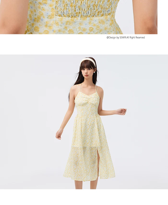 Vestido de mujer de gasa con tirantes altos y abertura, vestido de verano nuevo, vestido ajustado con flores fragmentadas, suave