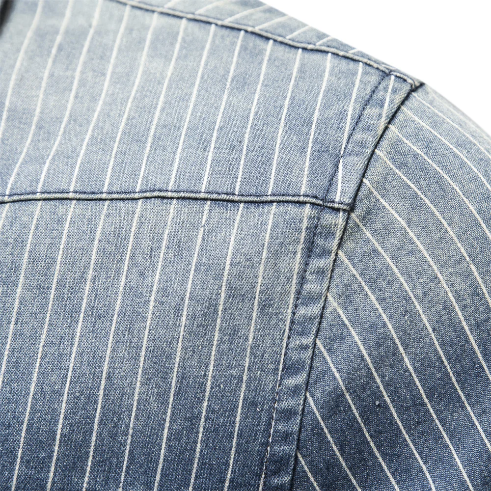 Men Denim Shirts Striped Stretch Long Sleeve Casual Slim Cowboy AIOPESON denim shirt long sleeved shirt