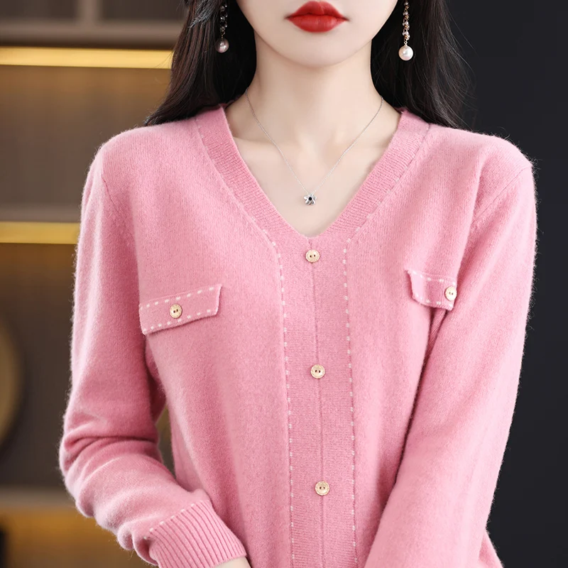 

Pullover cashmere wool sweater Solid color knitting Fashion elegant women V-neck wool sweater Spring and autumn new coat top