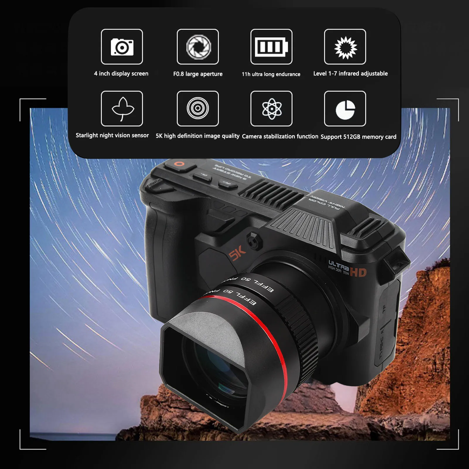 デジタルvloggingカメラ,4インチ画面,5k,50mp,wifi,50xデジタルズーム