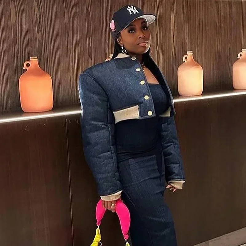 

Women Puffy Coat Single-Breasted Short Jacket Fashion Contrast Color Full Sleeve Casual High Street Winter Thick Warm Outerwear