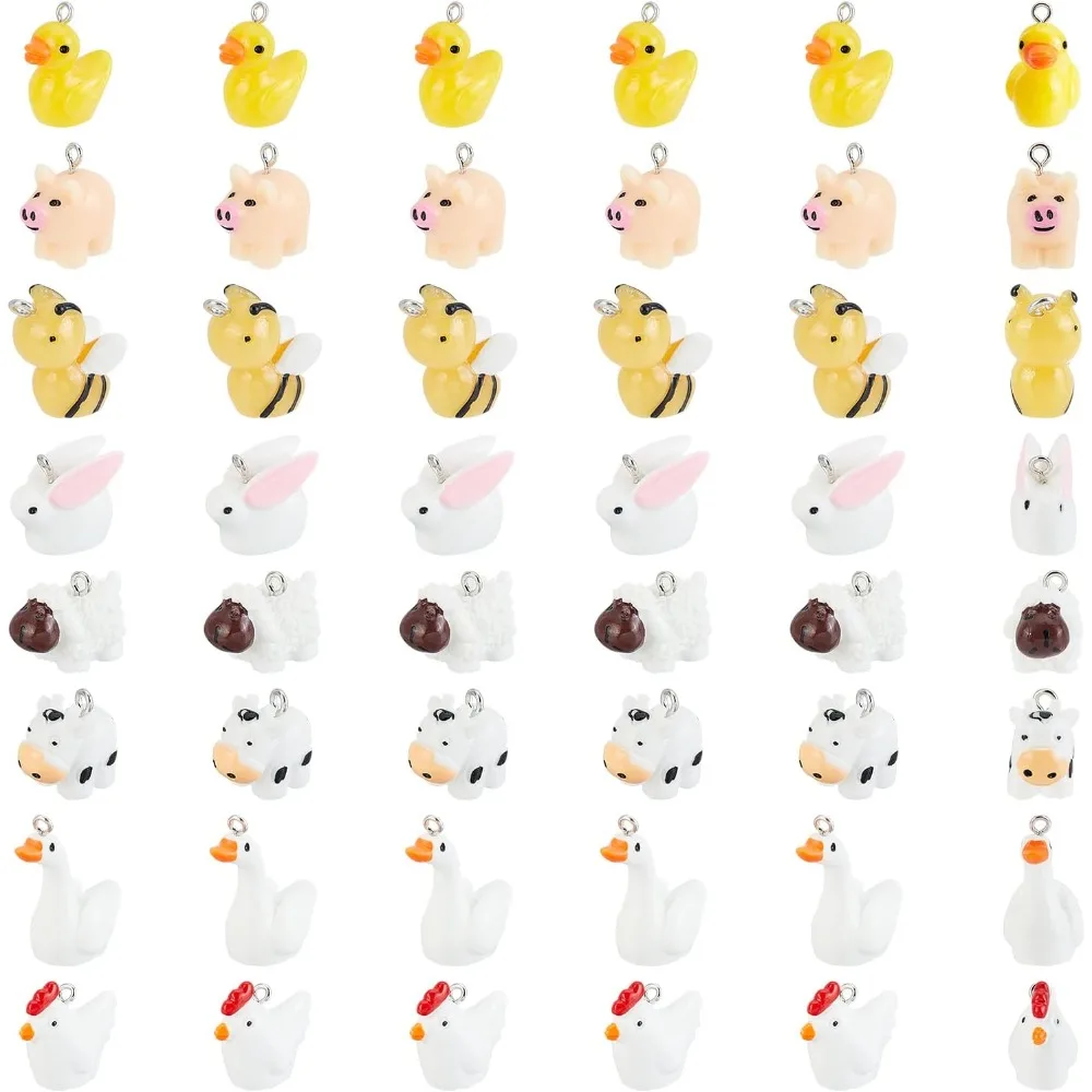 

48Pcs 8 Style Resin Charms Cute Animal Pendant Kit Mini Pig Duck Bee Cygnet Chick Rabbit Sheep Calf Findings Charm DIY Farm