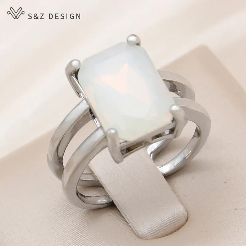 S&Z DESIGN New Stylish Rectangle Crystal Adjustable Rings For Women Wedding Party 585 Rose Gold Color Simple Jewelry Gift