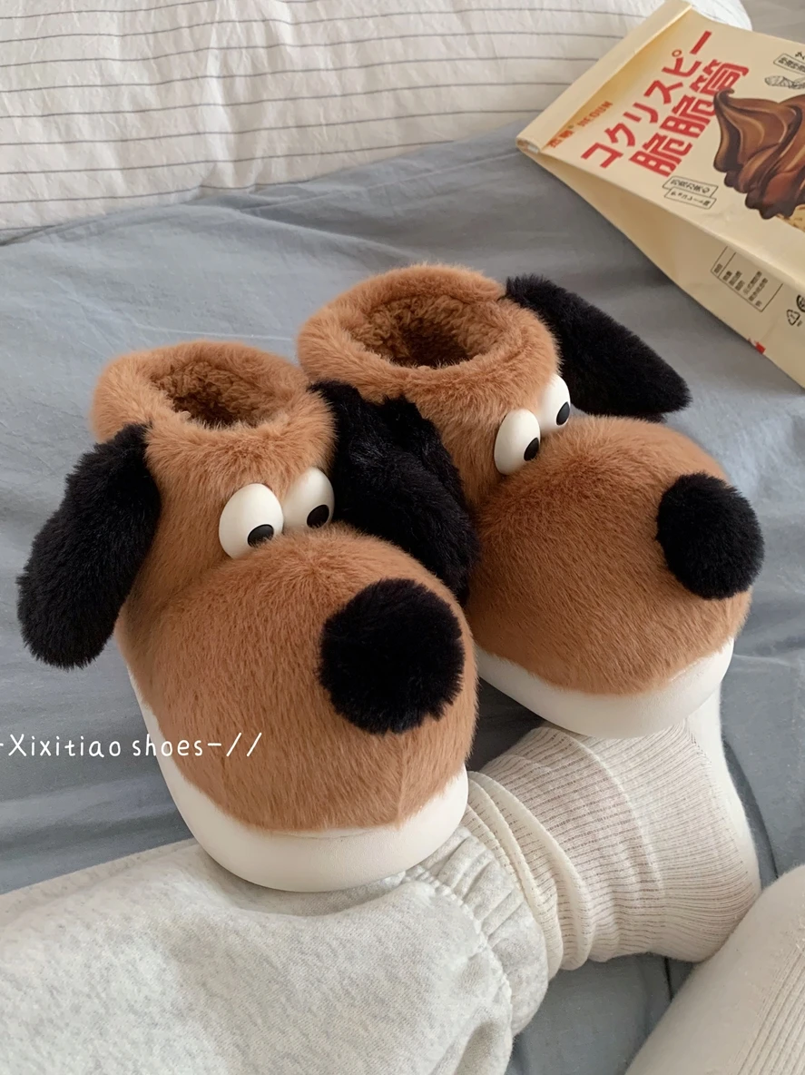 Winter Thick Warm Cute Dog Snow Boots For Men And Women Parent-child Home Slippers Couple Plush Cotton Household Boots Shoes