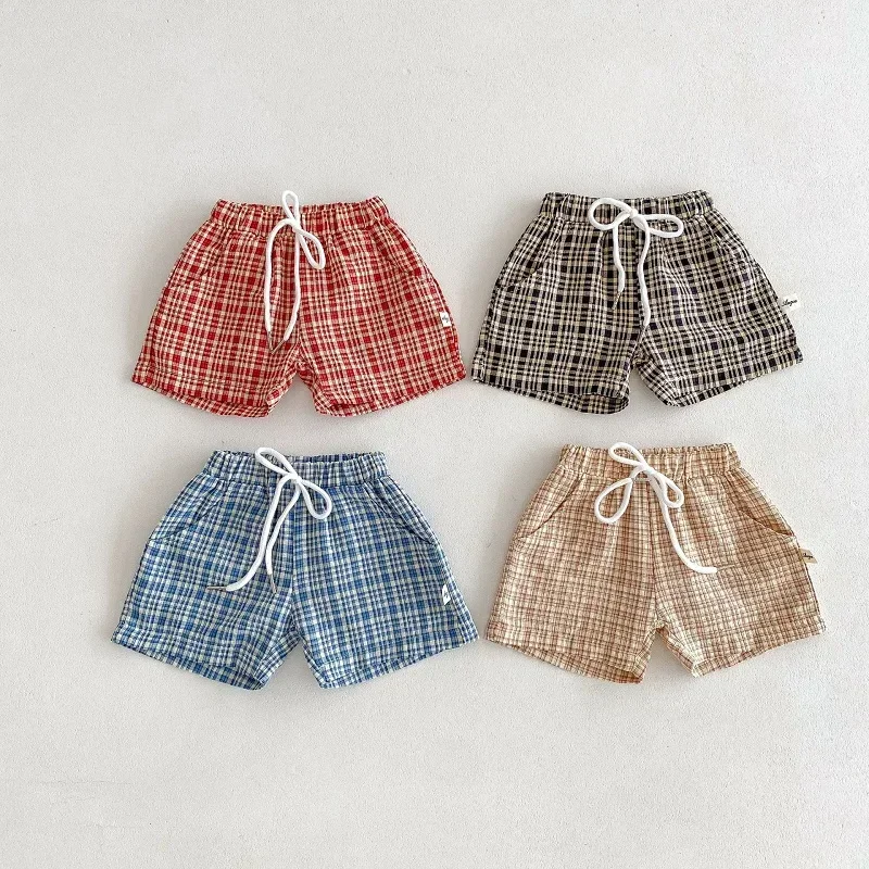 Summer Baby Boys Shorts 0-3Years Newborn Kids Girl Elastic Waist Pocket Plaid Bottom Korea Style Infant Clothes