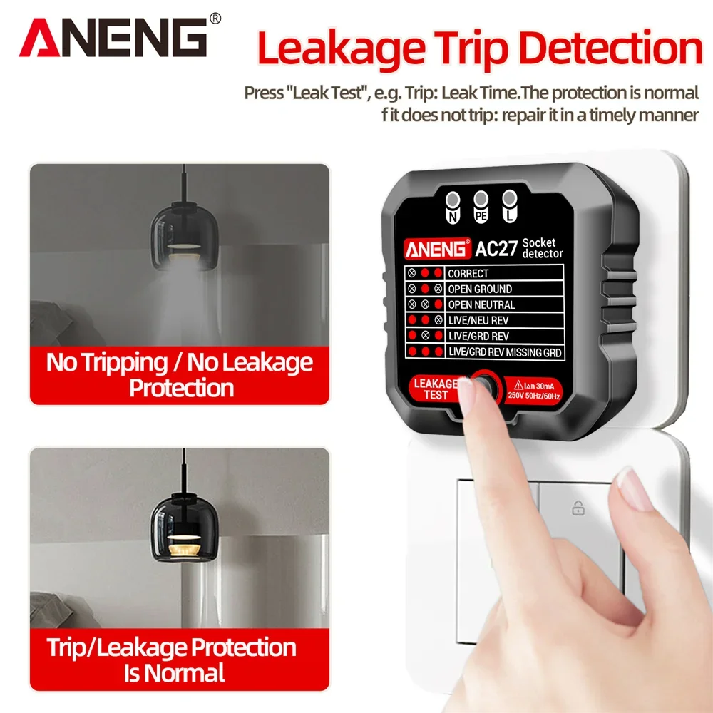 ANENG AC27 Socket Tester Voltage Test Socket Detector Ground Zero Line Polarity Phase Check Tool Circuit Checker  EU/US Plug 2