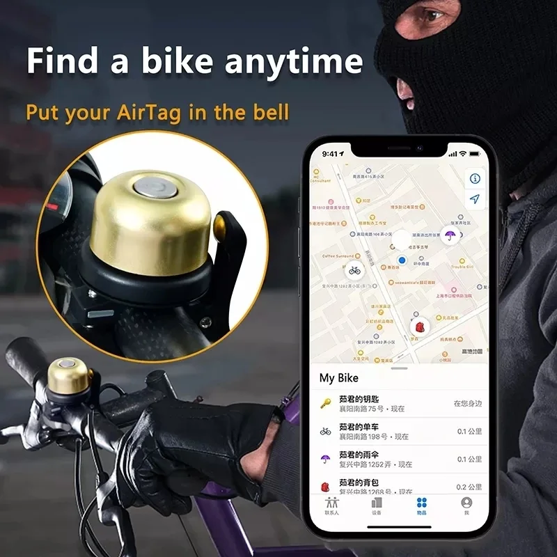 Bicycle Bell for Apple AirTag Bike Mount GPS Tracker Waterproof Holder Case for Air Tag Hidden Under Bicycle Bell Anti-Theft gps locator key finder anti lost tracker anti lose tracker item locator anti lost locator key chain locator
