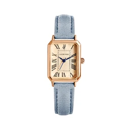 Vintage-Inspired Square Leather Strap Quartz Wristwatch (Sky Blue)