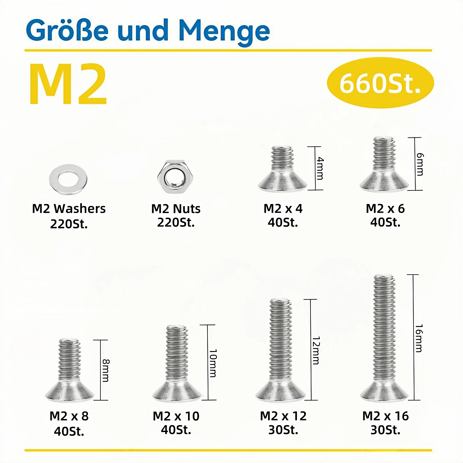 M2 304 Stainless Steel Hex Hexagon Socket Flat Countersunk Head Screw Bolt Nut Washer Set Kit DIN7991 660pcs stainless steel screws screw bolt nut set screw washer nut kit