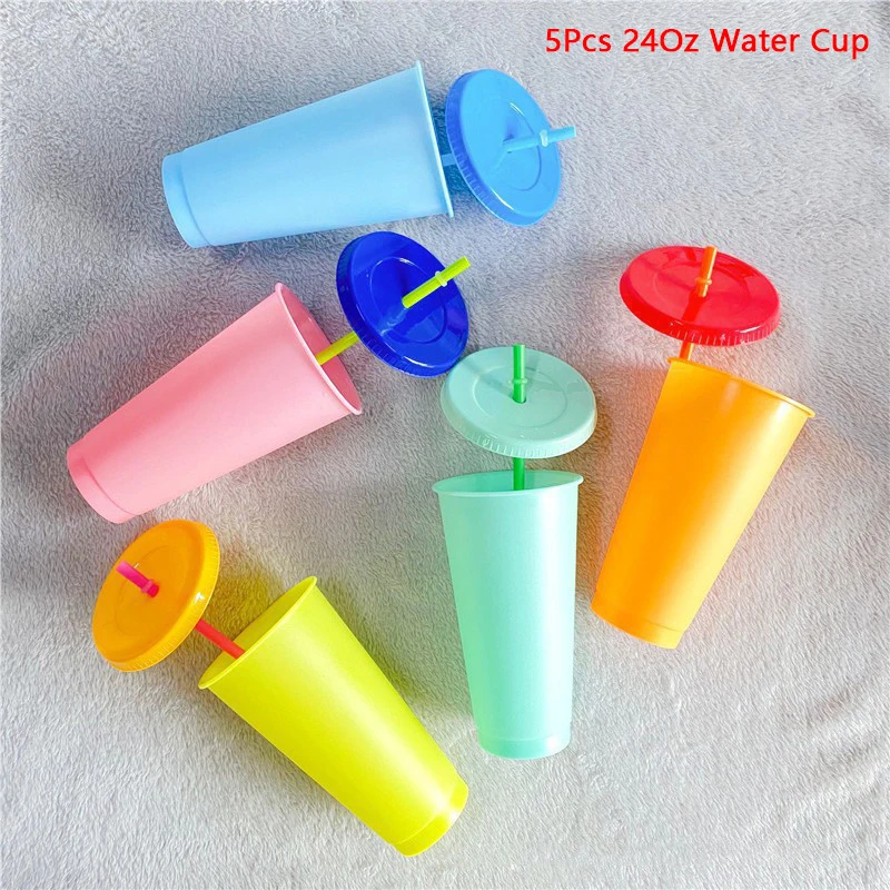 5 Pcs Temperature Sensor Cooling Color Changing Cups 24oz Reusable PP Plastic  Drinking Cup Tumbler With Lid Straw Cups - AliExpress