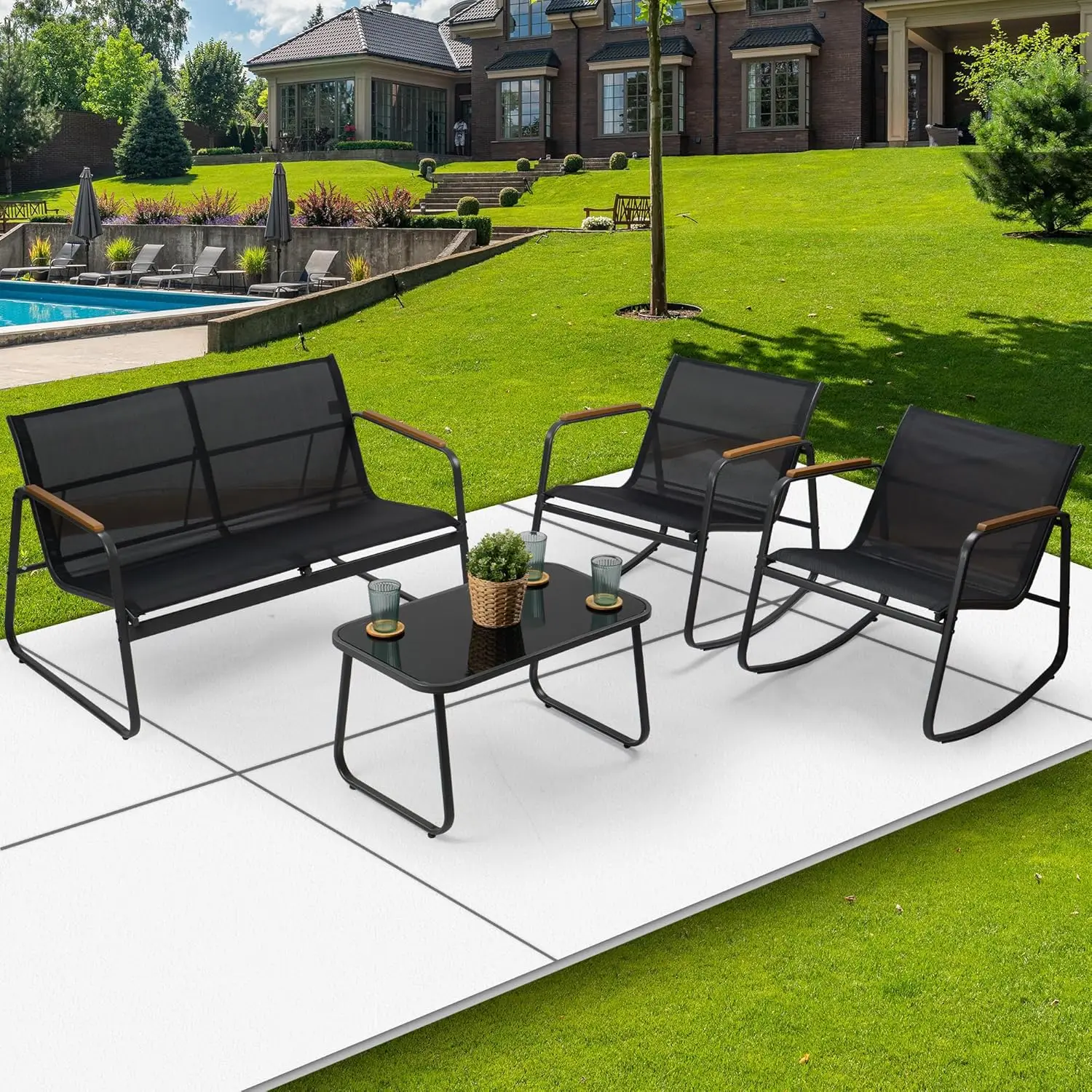 4 Piece Patio Furniture Set Outdoor Conversation Set with 2 Patio Dining Chairs and Tempered Coffee Table Strong Powder Coated