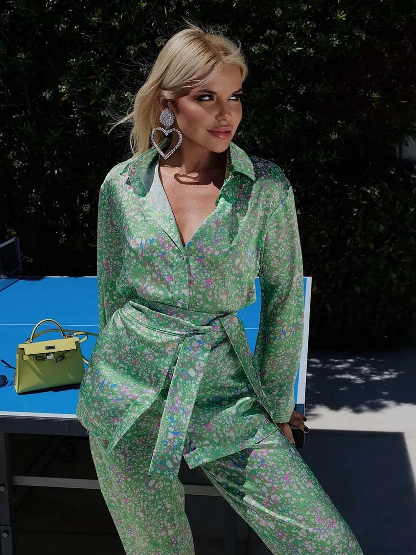 Oymimi Casual Green Print Women 2 Piece Set Outfit Elegant Lapel Long Sleeve Lace-Up Shirts And High Waisted Straight Pants Sets