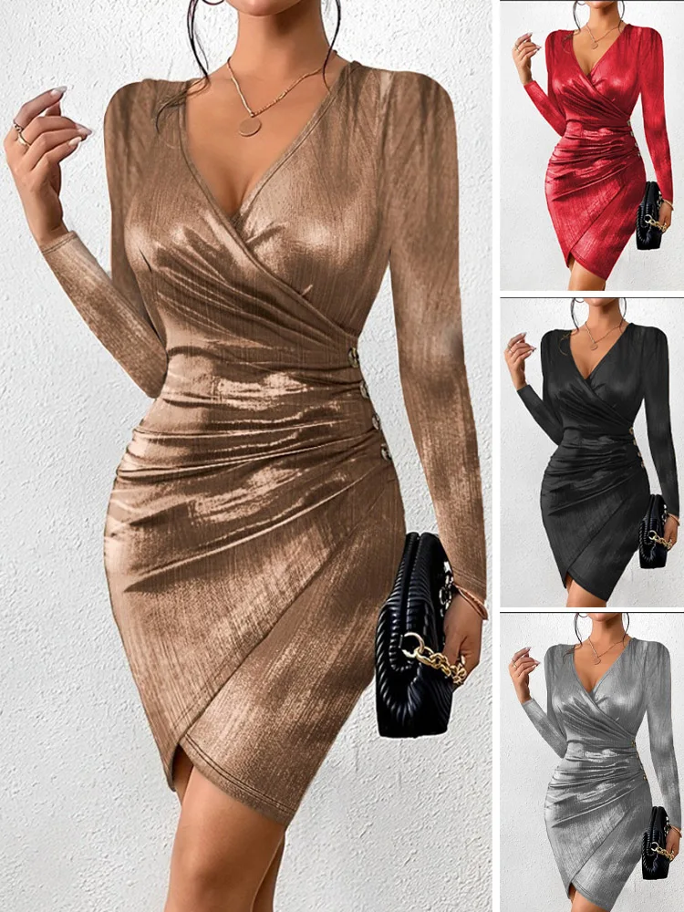 

2024 Sexy Deep V-neck Irregular Mini Dress Women Fashion Bodycon Long Sleeve Short Dresses Party Elegant Evening Female Dress