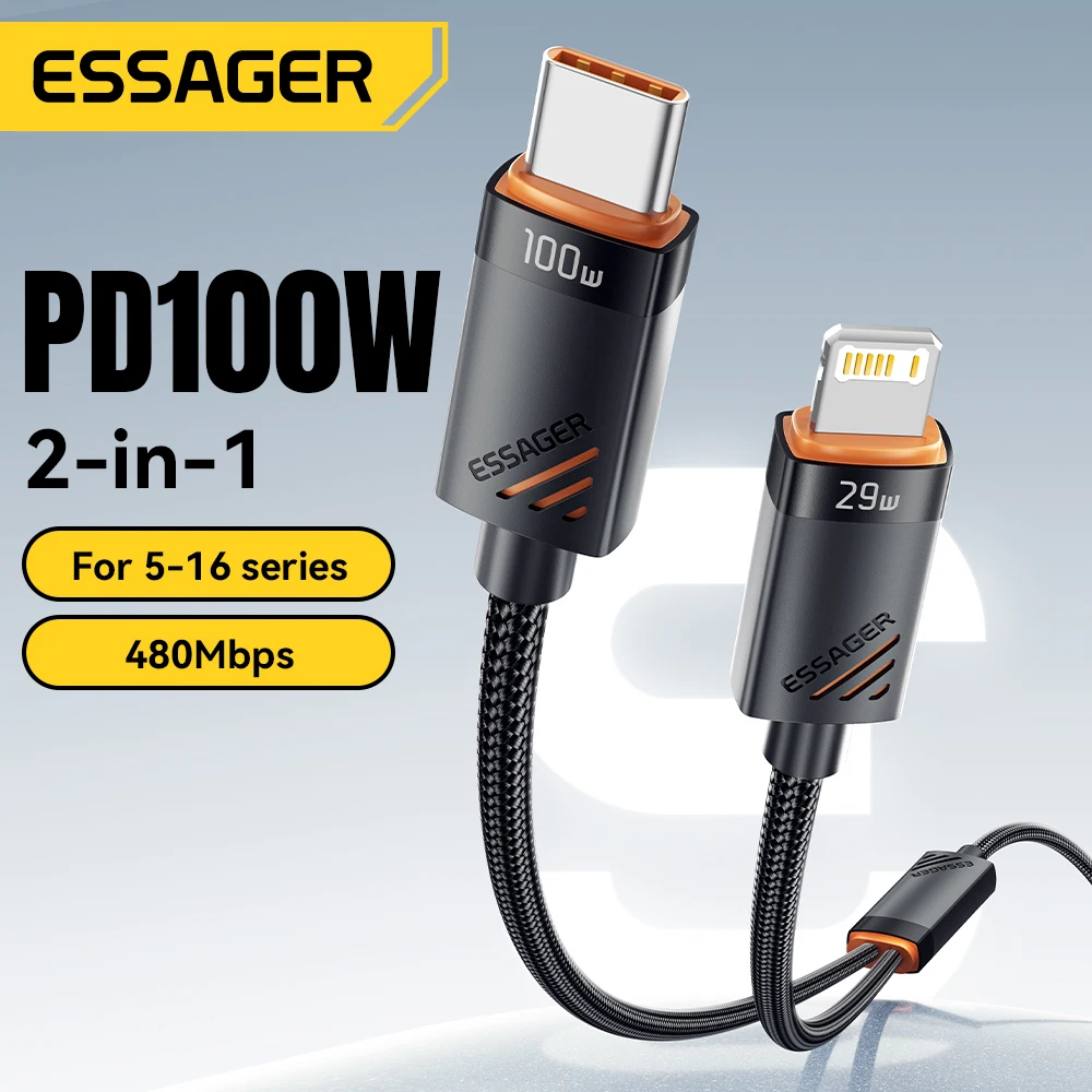 Essager 2 in 1 USB Type C To Type C Cable PD 100W Fast Charging Cable for iPhone16 Huawei Laptop Tablet Type C To Lighting Cable