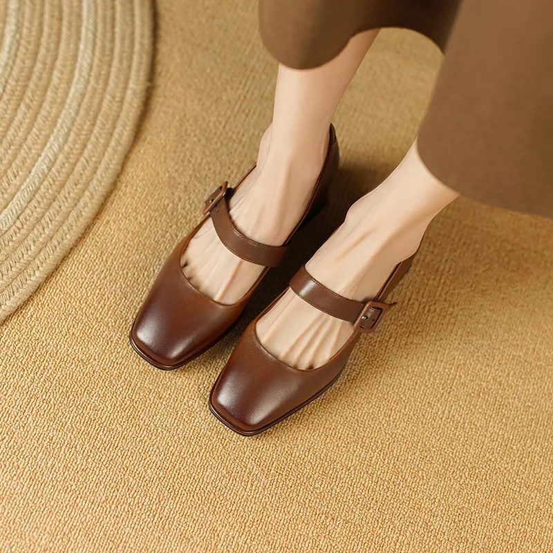 

spring women pumps natural leather 22-24.5cm length cowhide+pigskin full leather square toe brush color retro Mary Jane shoes