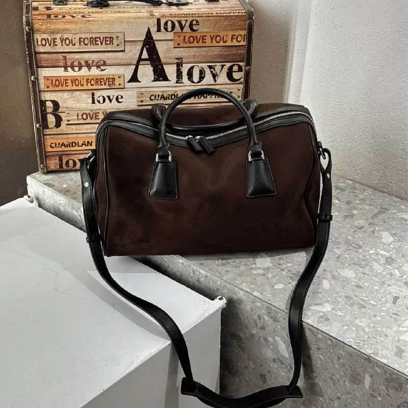 2025 New Retro Matte Faux Suede Boston Handbag Large Capacity Single-shoulder Bag Women's Daily Commuter Tote Bag Autumn Winter