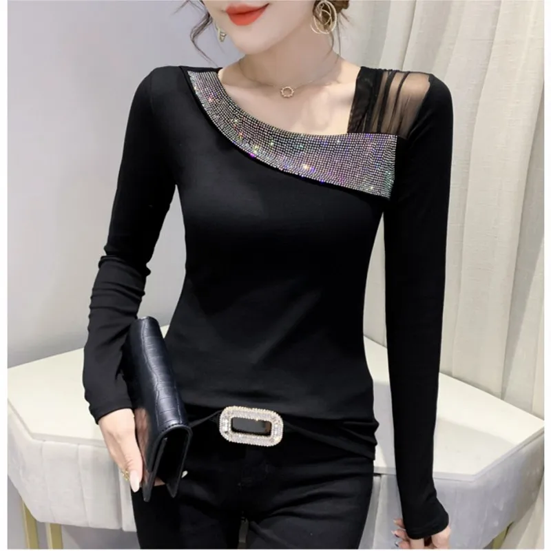 

Autumn European Clothes T-Shirt Chic Sexy Shiny Diamonds Women Tops Bottoming Top Mesh Patchwork Long Sleeve Tees