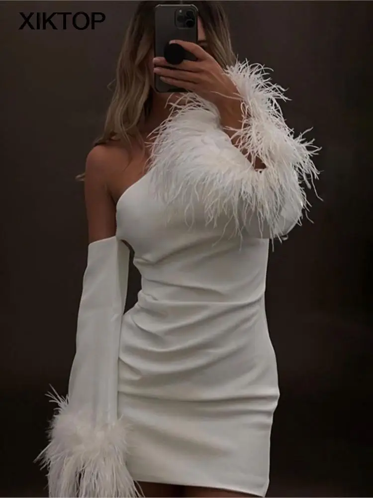 

Xiktop Spring Sexy Long Feather Tassel Sleeve Mini Dress Elegant Slim One Shoulder Vestidos 2023 Fashion Female Club Party Dress