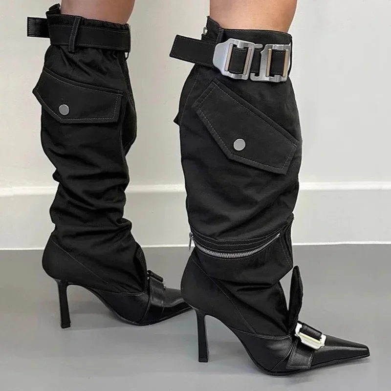 Belt Buckle Motorcycle Cowboy Spicy Girl Knee Length Boots Women's