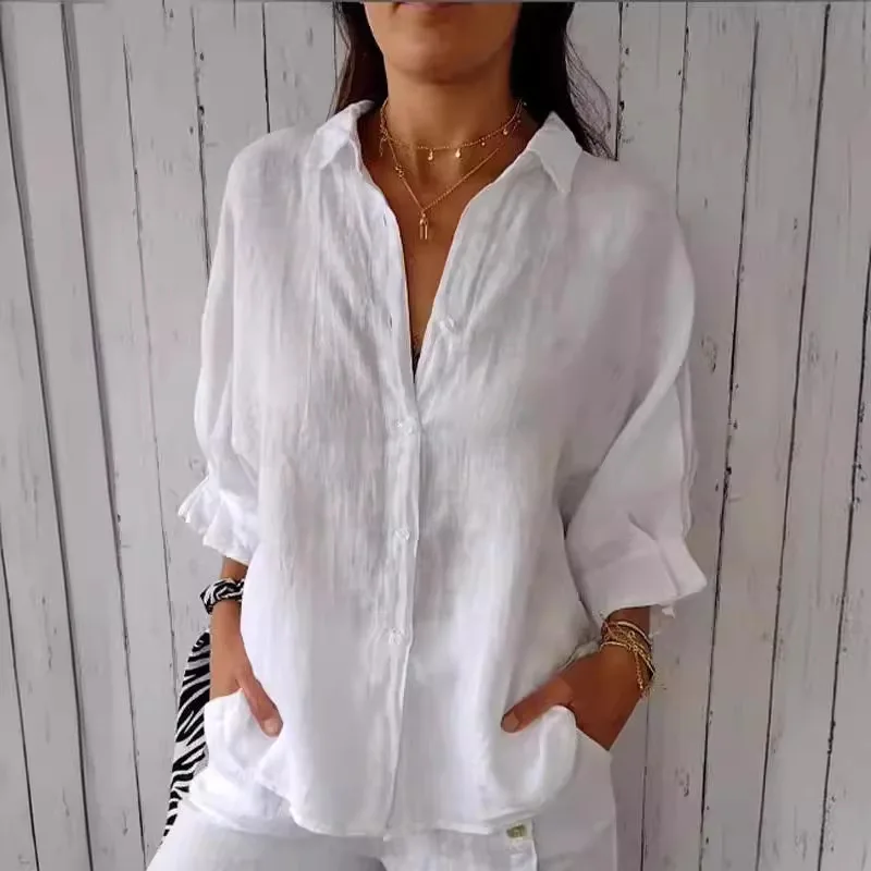 

2024 Cotton Linen Shirt Women's 4/3 Sleeves Fashion Lace up Button Blouse Spring/Summer Casual Loose Tops