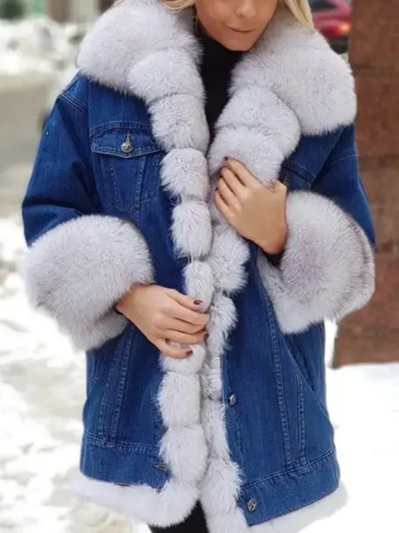 

2023 Women Winter Faux Fur Hooded Coat Ladies Warm Thicken Demin Button Jacket Outwear Casual Fashion Women Overcoat