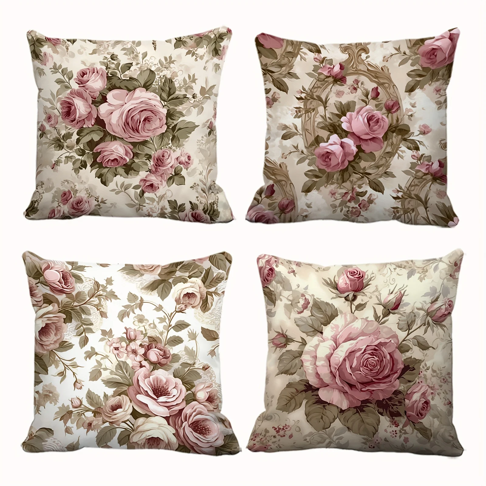 Green Leaves Pink Flowers Decorative Patterns Home Outdoor Holiday Decor Single Sided Printing Botanical Summer Cushion Case