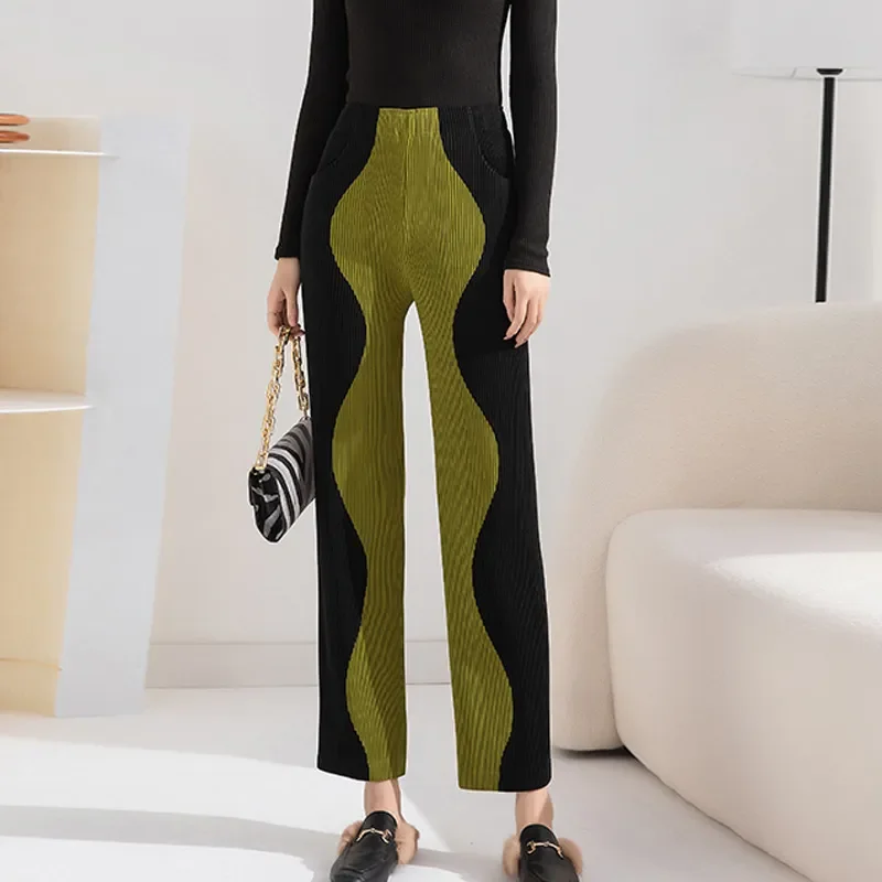 Autumn and Winter High Waist Drooping Casual Straight Pants Women's 2022 New Fashion Pleated Color Block Skinny Thick Trousers