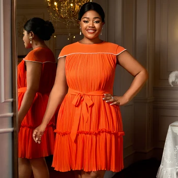 Mini abito elegante da donna con linea A, scollo a O, senza maniche, pieghe, perline, volant, cintura in vita, festa da sera, eleganti abiti femminili africani