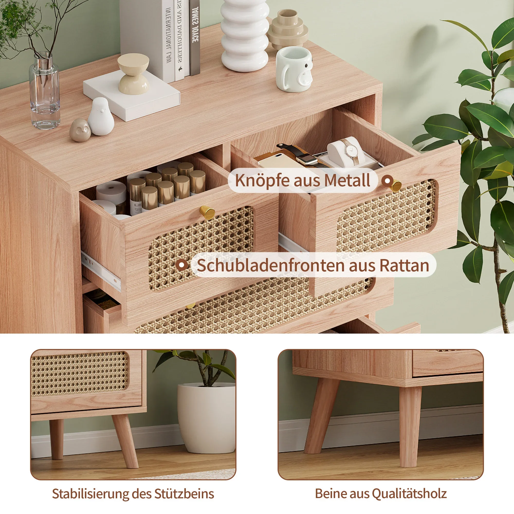Rosahqnda Rattan-Schrank, Rattan-Aufbewahrungsschublade mit 6 Schubladen, Holzbeine, Metallgriffe, Wohnzimmer, Schlafzimmer, Original-Holzfarbe – Detail 10