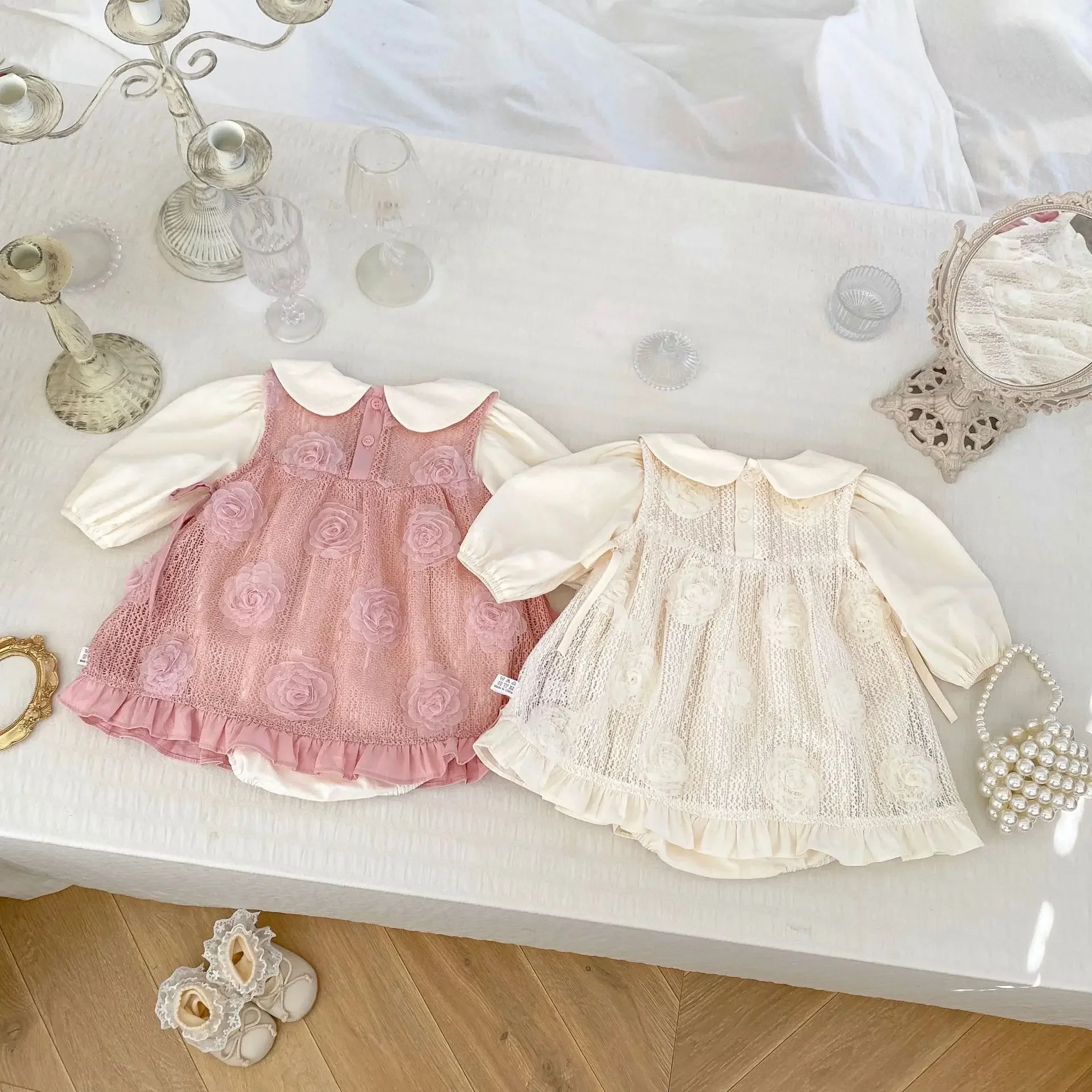 Autumn Sweet Baby Girl Detachable Flower Mesh Sleeveless Bodysuit Crawler Clothes round Neck Romper Cotton Baby Outfit