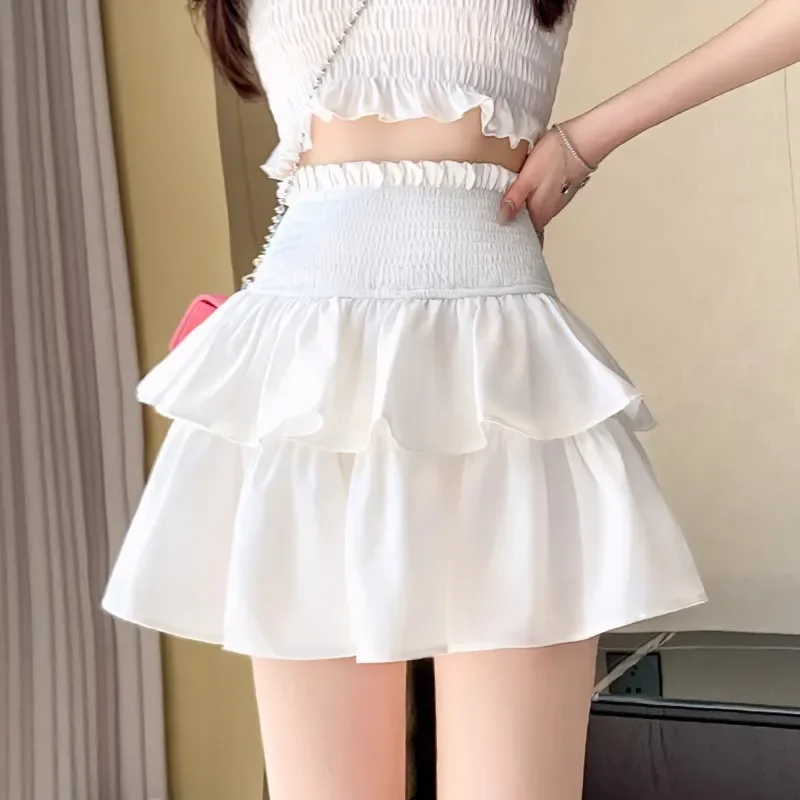 Women's A- Line Skirt Self-Made Cake Design White Chiffon Puffy Black Ballet Style Short Pleated High Waist Half Body Skirt 1