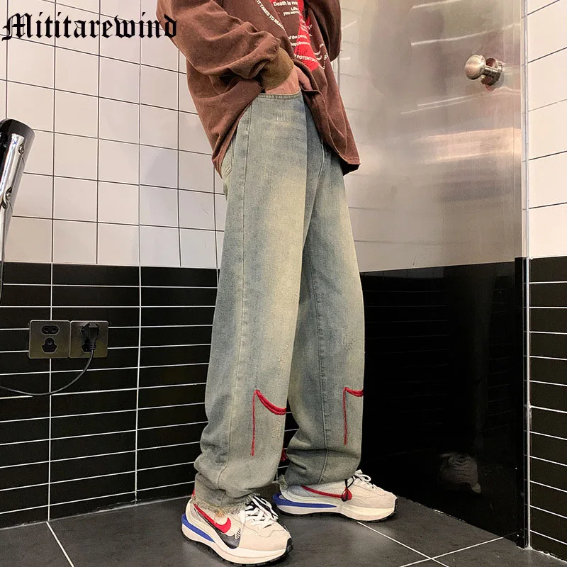 

Retro Red Embroidery Distressed Hip Hop Men Pants High Street Streetwear Wide Leg Straight Jeans Y2k Solid Wash Casual Trousers