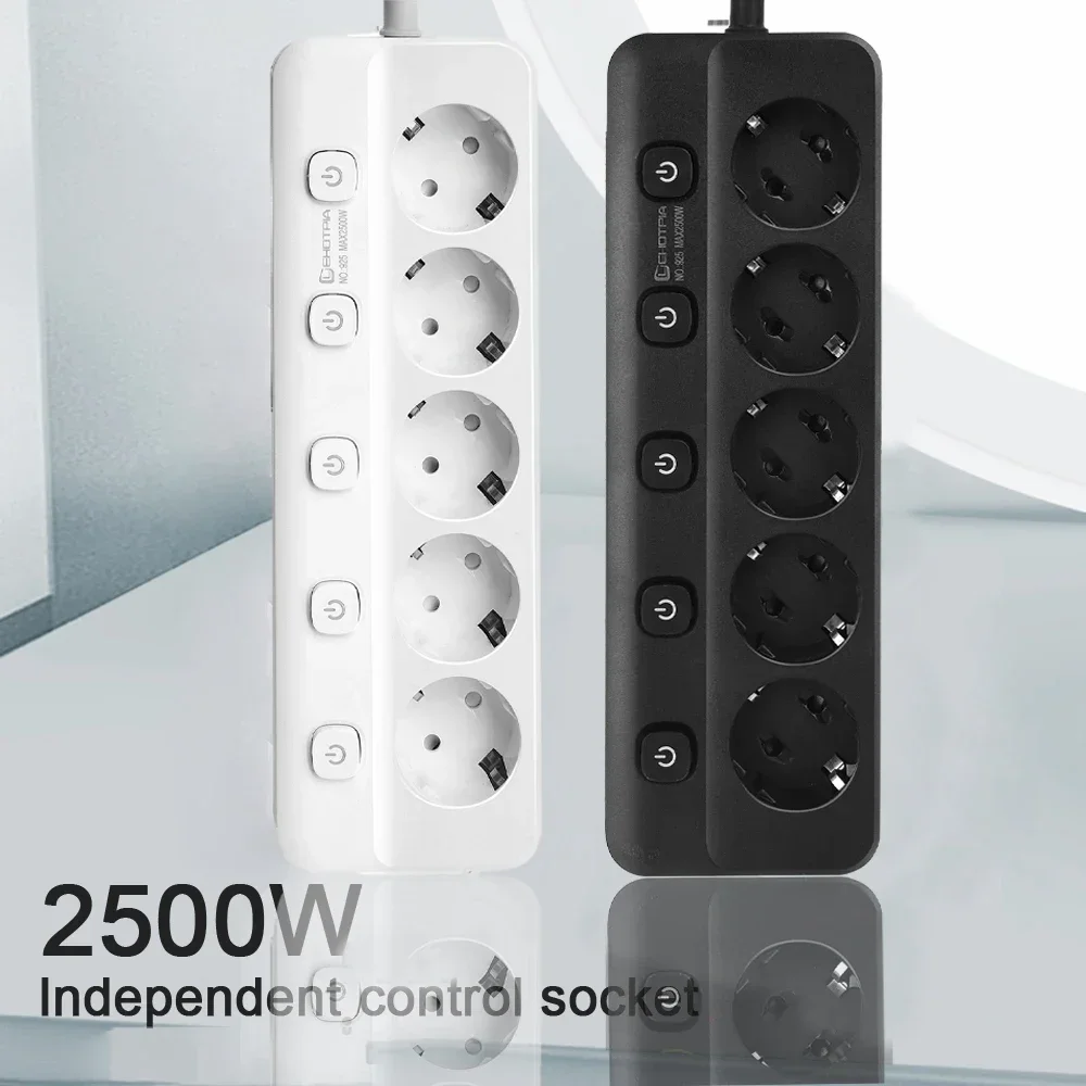 Power Strip EU Plug AC Outlets Multitap Socket 1.8m Extension Cord Electrical Independent Control Switch Network Filter Adapter